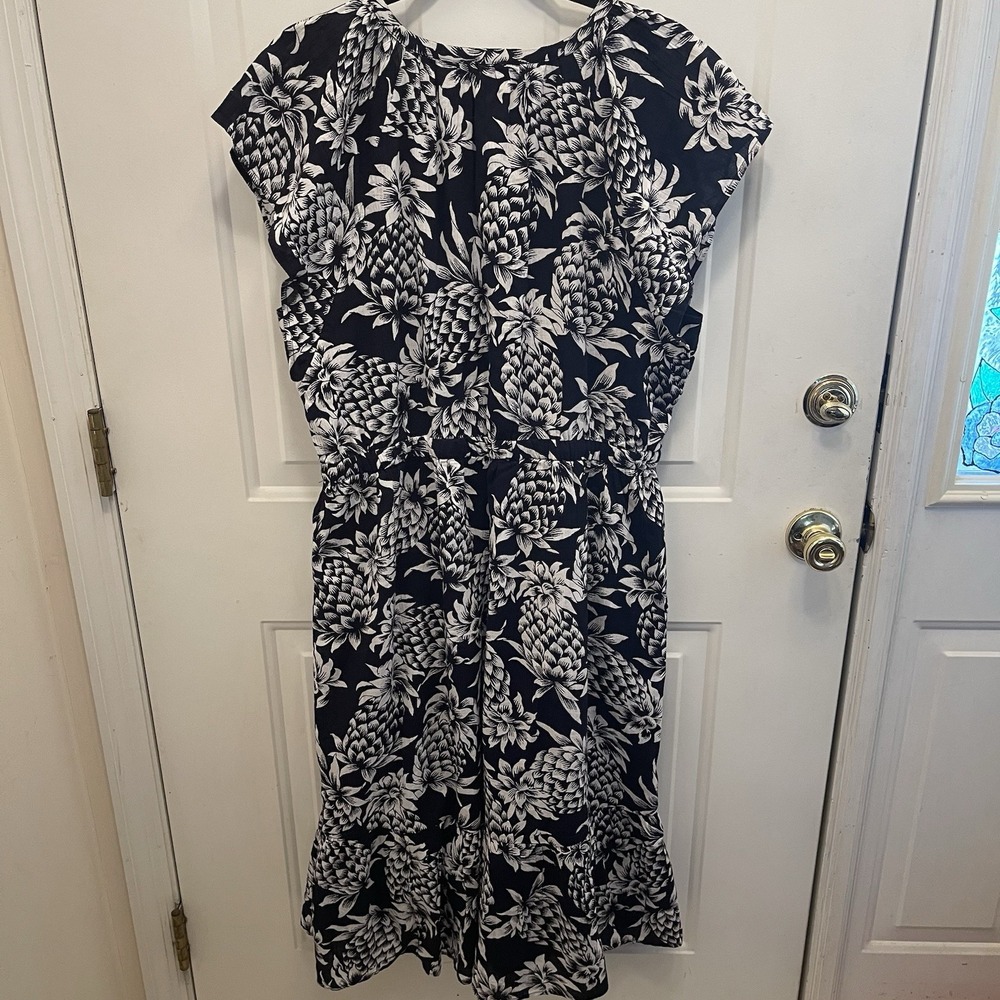 J.Crew 14 Pineapple Print Crinkle Midi‎ Dress Flutter Sleeves Pockets Navy White - Picture 5 of 6